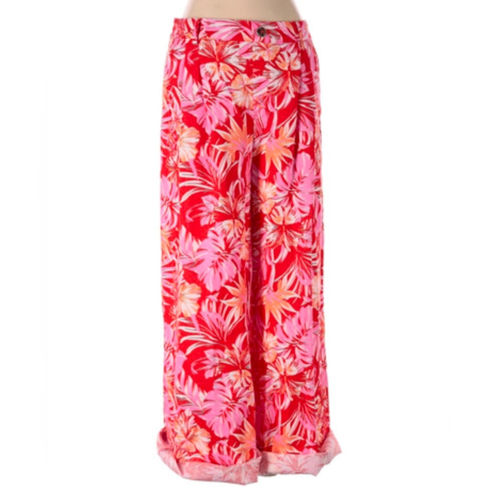 Marc New York Linen Wide Leg Red Pink tropical elastic waist pants, size S